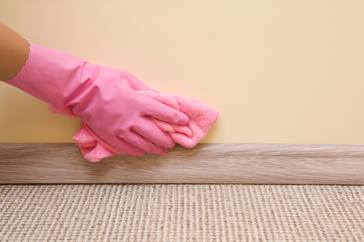 close-up of a hand in a pink glove cleaning a baseboard with a pink microfiber cloth